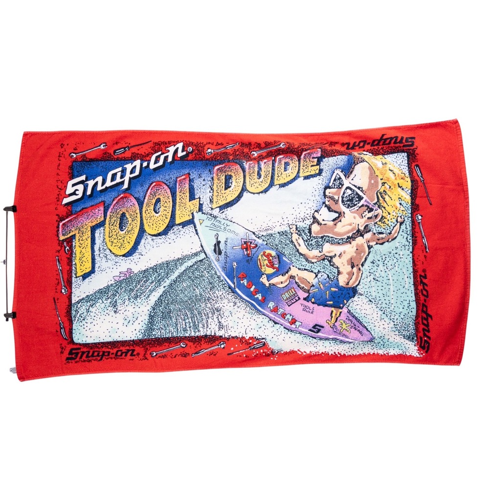 Vintage Snap-on Tool Dude Beach Towel Red Cotton Graphic Surf 90s Collectible